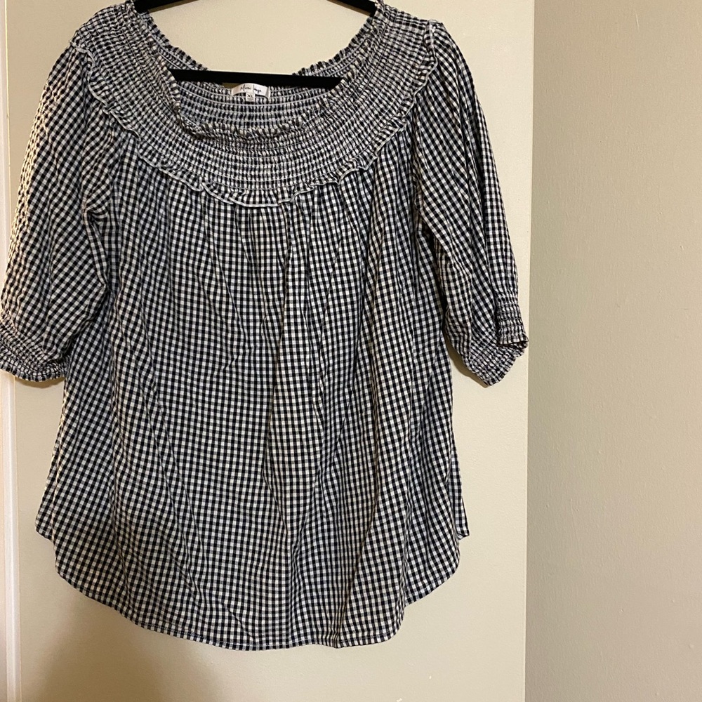 Black and White Smocked 3/4 Sleeve Blouse with Bib Collar